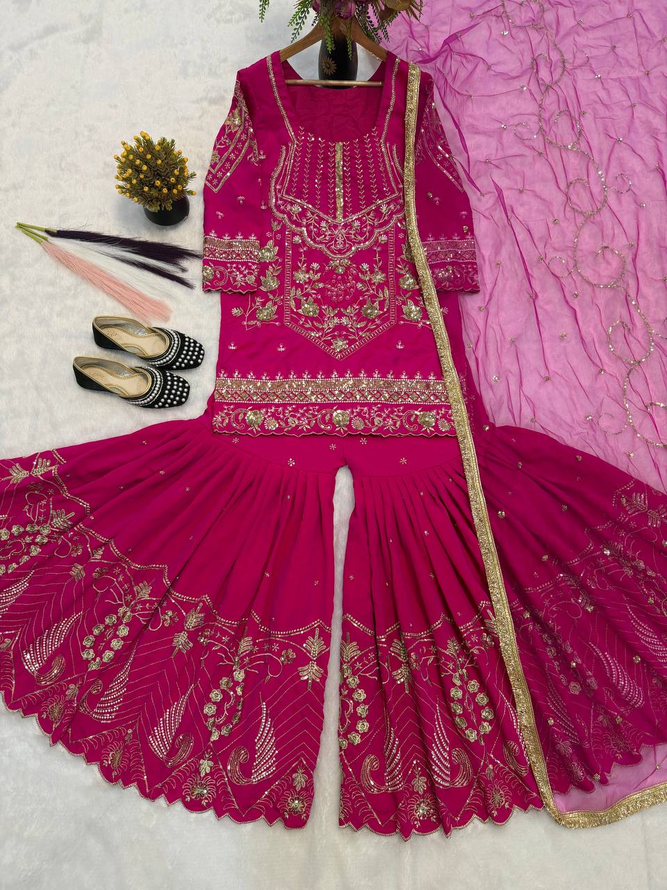 Fuchsia Pink Couture Sharara Set - Festive Wear
